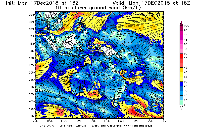 Mappa di analisi GFS - Velocità del vento a 10 metri dal suolo [km/h] in Oceania
							del 17/12/2018 18 <!--googleoff: index-->UTC<!--googleon: index-->