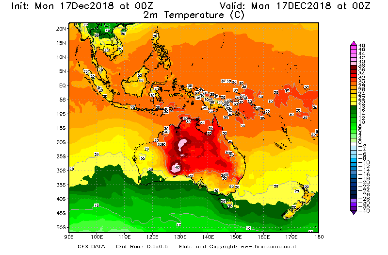 Mappa di analisi GFS - Temperatura a 2 metri dal suolo [°C] in Oceania
							del 17/12/2018 00 <!--googleoff: index-->UTC<!--googleon: index-->