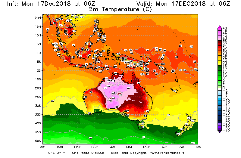 Mappa di analisi GFS - Temperatura a 2 metri dal suolo [°C] in Oceania
							del 17/12/2018 06 <!--googleoff: index-->UTC<!--googleon: index-->