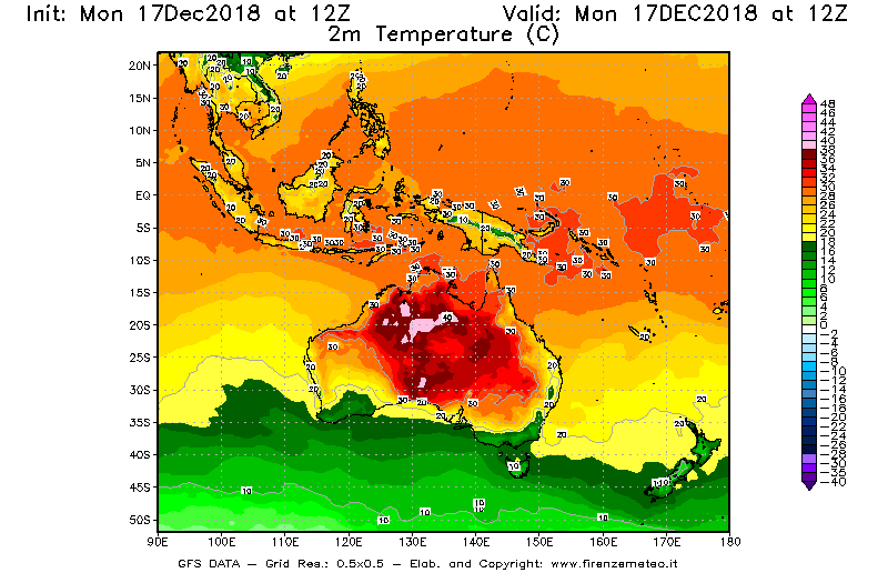 Mappa di analisi GFS - Temperatura a 2 metri dal suolo [°C] in Oceania
							del 17/12/2018 12 <!--googleoff: index-->UTC<!--googleon: index-->