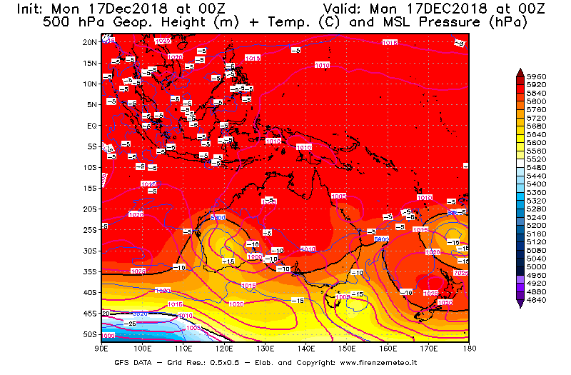 Mappa di analisi GFS - Geopotenziale [m] + Temp. [°C] a 500 hPa + Press. a livello del mare [hPa] in Oceania
							del 17/12/2018 00 <!--googleoff: index-->UTC<!--googleon: index-->
