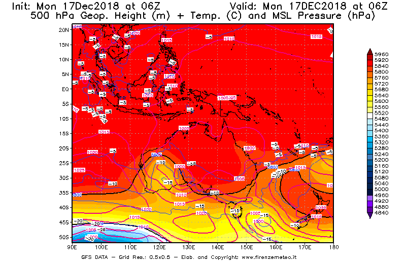 Mappa di analisi GFS - Geopotenziale [m] + Temp. [°C] a 500 hPa + Press. a livello del mare [hPa] in Oceania
							del 17/12/2018 06 <!--googleoff: index-->UTC<!--googleon: index-->