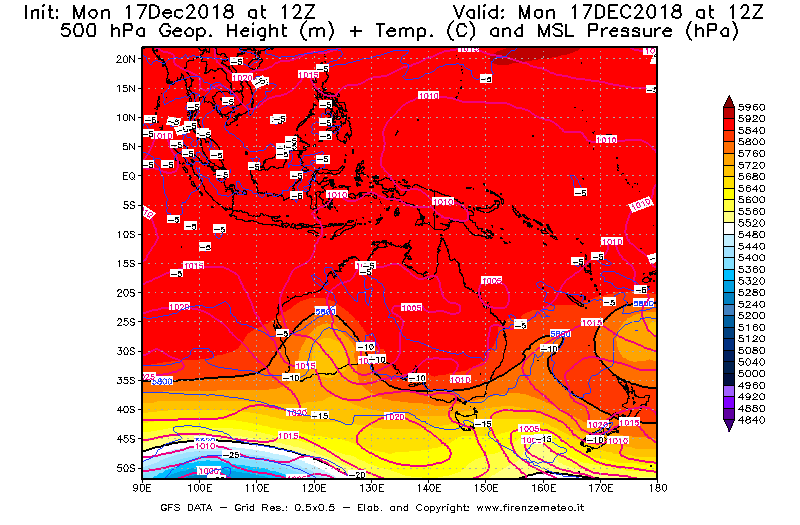 Mappa di analisi GFS - Geopotenziale [m] + Temp. [°C] a 500 hPa + Press. a livello del mare [hPa] in Oceania
							del 17/12/2018 12 <!--googleoff: index-->UTC<!--googleon: index-->