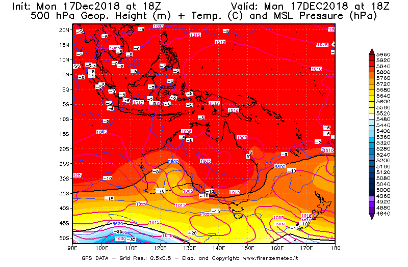Mappa di analisi GFS - Geopotenziale [m] + Temp. [°C] a 500 hPa + Press. a livello del mare [hPa] in Oceania
							del 17/12/2018 18 <!--googleoff: index-->UTC<!--googleon: index-->