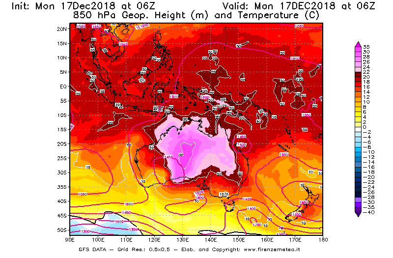 Mappa di analisi GFS - Geopotenziale [m] e Temperatura [°C] a 850 hPa in Oceania
							del 17/12/2018 06 <!--googleoff: index-->UTC<!--googleon: index-->