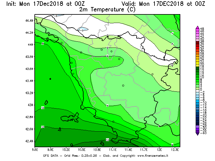 Mappa di analisi GFS - Temperatura a 2 metri dal suolo [°C] in Toscana
							del 17/12/2018 00 <!--googleoff: index-->UTC<!--googleon: index-->