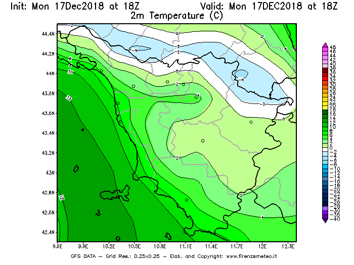 Mappa di analisi GFS - Temperatura a 2 metri dal suolo [°C] in Toscana
							del 17/12/2018 18 <!--googleoff: index-->UTC<!--googleon: index-->