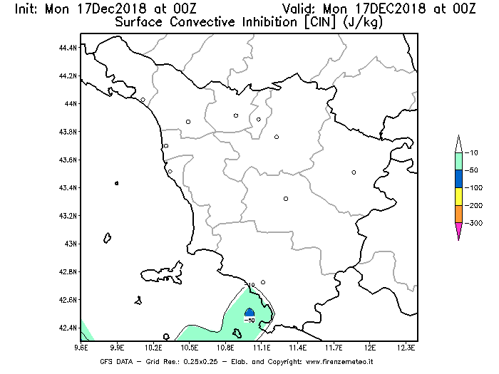 Mappa di analisi GFS - CIN [J/kg] in Toscana
							del 17/12/2018 00 <!--googleoff: index-->UTC<!--googleon: index-->