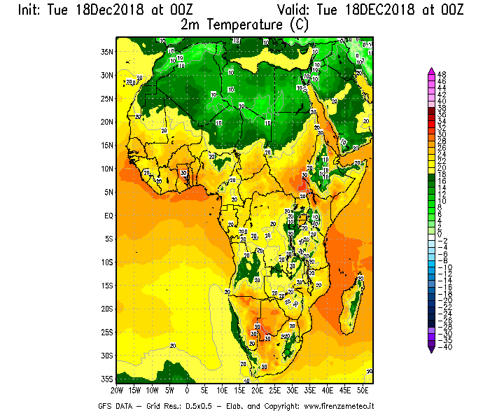 Mappa di analisi GFS - Temperatura a 2 metri dal suolo [°C] in Africa
							del 18/12/2018 00 <!--googleoff: index-->UTC<!--googleon: index-->