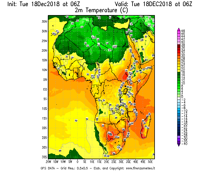 Mappa di analisi GFS - Temperatura a 2 metri dal suolo [°C] in Africa
							del 18/12/2018 06 <!--googleoff: index-->UTC<!--googleon: index-->
