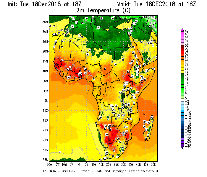 Mappa di analisi GFS - Temperatura a 2 metri dal suolo [°C] in Africa
							del 18/12/2018 18 <!--googleoff: index-->UTC<!--googleon: index-->