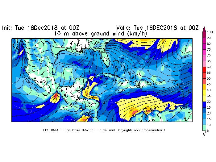 Mappa di analisi GFS - Velocità del vento a 10 metri dal suolo [km/h] in Centro-America
							del 18/12/2018 00 <!--googleoff: index-->UTC<!--googleon: index-->