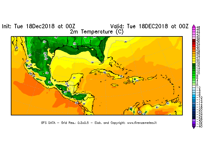 Mappa di analisi GFS - Temperatura a 2 metri dal suolo [°C] in Centro-America
							del 18/12/2018 00 <!--googleoff: index-->UTC<!--googleon: index-->