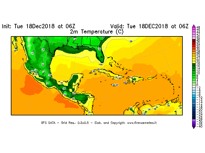Mappa di analisi GFS - Temperatura a 2 metri dal suolo [°C] in Centro-America
							del 18/12/2018 06 <!--googleoff: index-->UTC<!--googleon: index-->