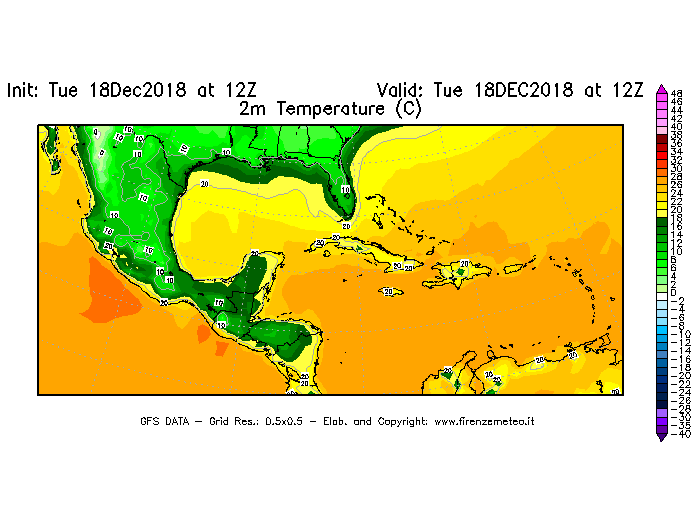 Mappa di analisi GFS - Temperatura a 2 metri dal suolo [°C] in Centro-America
							del 18/12/2018 12 <!--googleoff: index-->UTC<!--googleon: index-->