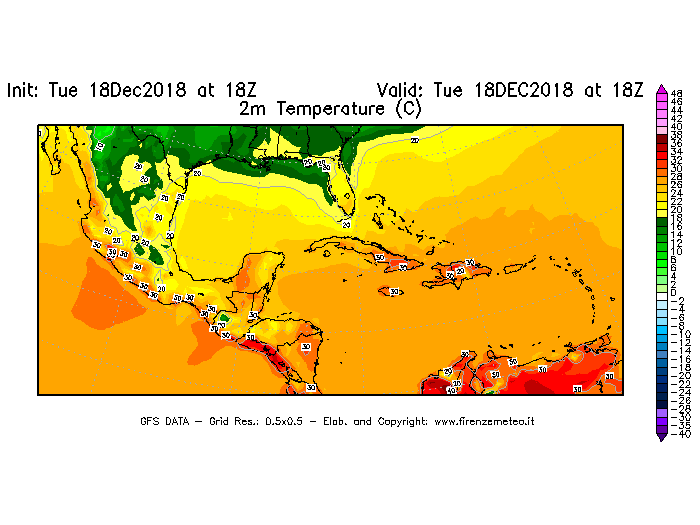 Mappa di analisi GFS - Temperatura a 2 metri dal suolo [°C] in Centro-America
							del 18/12/2018 18 <!--googleoff: index-->UTC<!--googleon: index-->