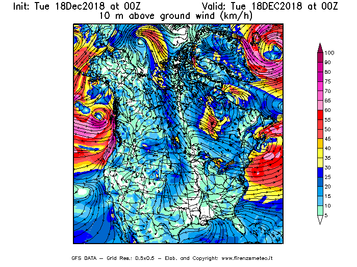 Mappa di analisi GFS - Velocità del vento a 10 metri dal suolo [km/h] in Nord-America
							del 18/12/2018 00 <!--googleoff: index-->UTC<!--googleon: index-->