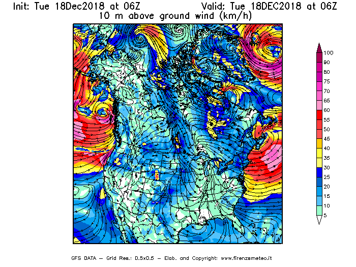 Mappa di analisi GFS - Velocità del vento a 10 metri dal suolo [km/h] in Nord-America
							del 18/12/2018 06 <!--googleoff: index-->UTC<!--googleon: index-->