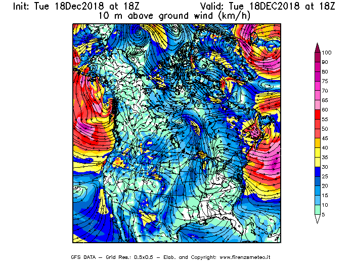 Mappa di analisi GFS - Velocità del vento a 10 metri dal suolo [km/h] in Nord-America
							del 18/12/2018 18 <!--googleoff: index-->UTC<!--googleon: index-->
