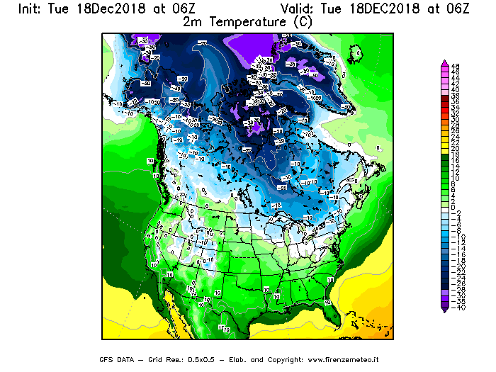 Mappa di analisi GFS - Temperatura a 2 metri dal suolo [°C] in Nord-America
							del 18/12/2018 06 <!--googleoff: index-->UTC<!--googleon: index-->