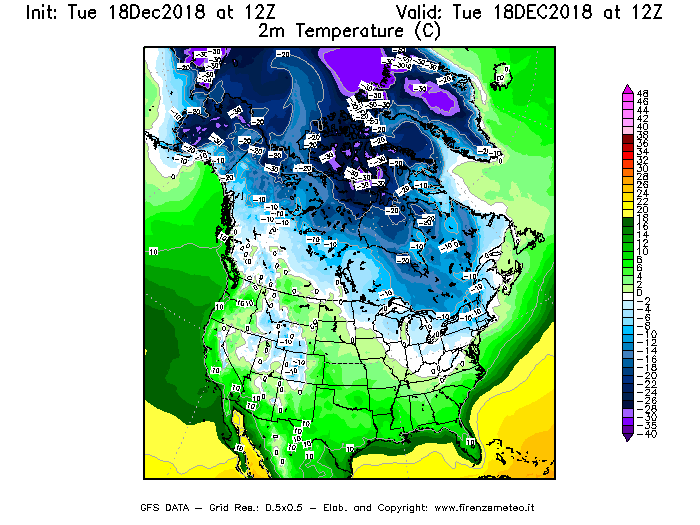 Mappa di analisi GFS - Temperatura a 2 metri dal suolo [°C] in Nord-America
							del 18/12/2018 12 <!--googleoff: index-->UTC<!--googleon: index-->