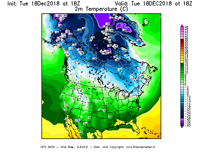 Mappa di analisi GFS - Temperatura a 2 metri dal suolo [°C] in Nord-America
							del 18/12/2018 18 <!--googleoff: index-->UTC<!--googleon: index-->