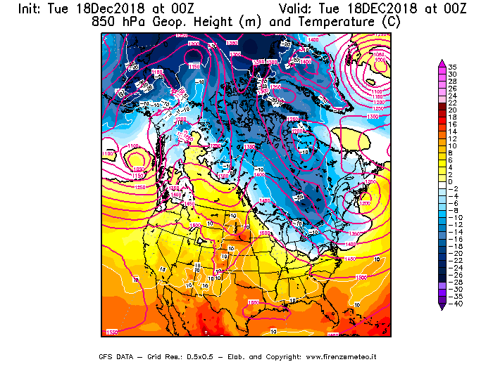 Mappa di analisi GFS - Geopotenziale [m] e Temperatura [°C] a 850 hPa in Nord-America
							del 18/12/2018 00 <!--googleoff: index-->UTC<!--googleon: index-->