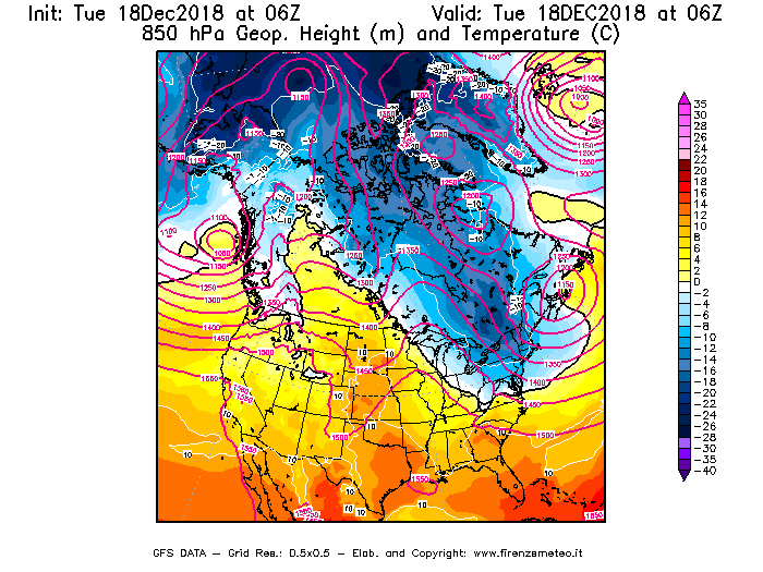 Mappa di analisi GFS - Geopotenziale [m] e Temperatura [°C] a 850 hPa in Nord-America
							del 18/12/2018 06 <!--googleoff: index-->UTC<!--googleon: index-->