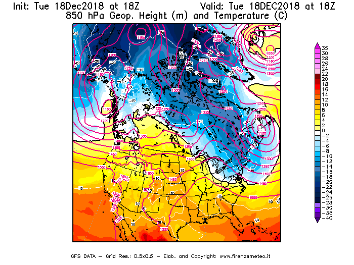 Mappa di analisi GFS - Geopotenziale [m] e Temperatura [°C] a 850 hPa in Nord-America
							del 18/12/2018 18 <!--googleoff: index-->UTC<!--googleon: index-->