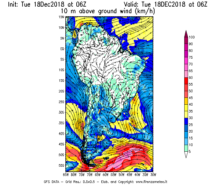Mappa di analisi GFS - Velocità del vento a 10 metri dal suolo [km/h] in Sud-America
							del 18/12/2018 06 <!--googleoff: index-->UTC<!--googleon: index-->