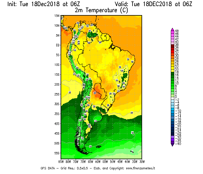 Mappa di analisi GFS - Temperatura a 2 metri dal suolo [°C] in Sud-America
							del 18/12/2018 06 <!--googleoff: index-->UTC<!--googleon: index-->