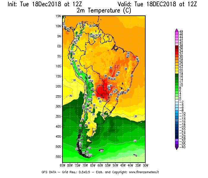 Mappa di analisi GFS - Temperatura a 2 metri dal suolo [°C] in Sud-America
							del 18/12/2018 12 <!--googleoff: index-->UTC<!--googleon: index-->