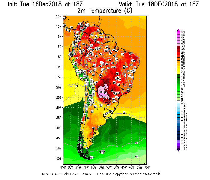 Mappa di analisi GFS - Temperatura a 2 metri dal suolo [°C] in Sud-America
							del 18/12/2018 18 <!--googleoff: index-->UTC<!--googleon: index-->