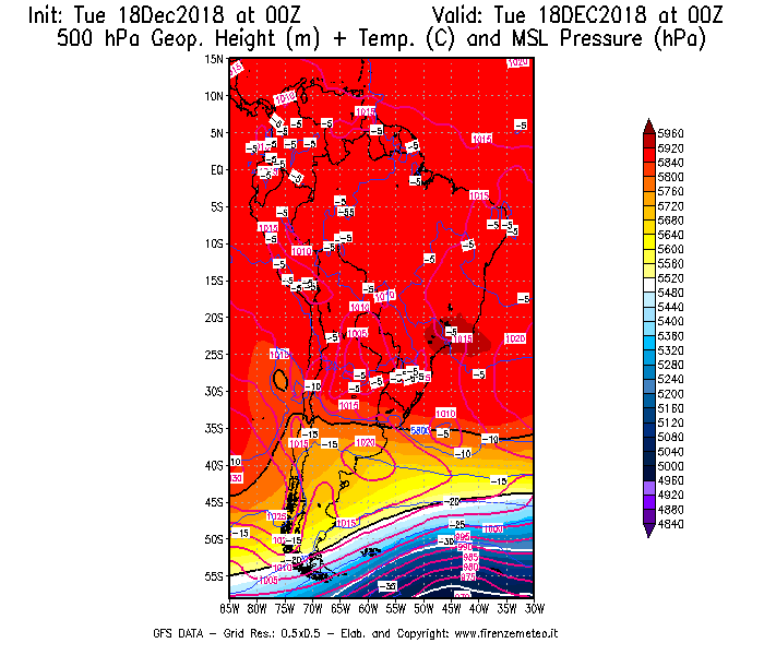 Mappa di analisi GFS - Geopotenziale [m] + Temp. [°C] a 500 hPa + Press. a livello del mare [hPa] in Sud-America
							del 18/12/2018 00 <!--googleoff: index-->UTC<!--googleon: index-->