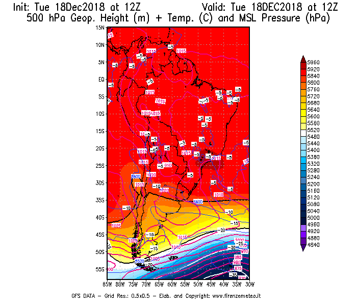 Mappa di analisi GFS - Geopotenziale [m] + Temp. [°C] a 500 hPa + Press. a livello del mare [hPa] in Sud-America
							del 18/12/2018 12 <!--googleoff: index-->UTC<!--googleon: index-->