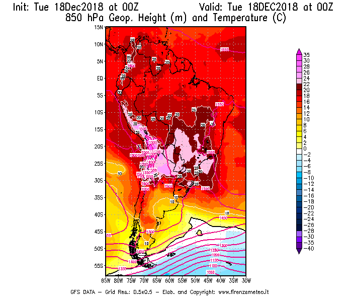 Mappa di analisi GFS - Geopotenziale [m] e Temperatura [°C] a 850 hPa in Sud-America
							del 18/12/2018 00 <!--googleoff: index-->UTC<!--googleon: index-->