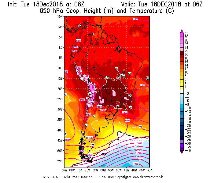 Mappa di analisi GFS - Geopotenziale [m] e Temperatura [°C] a 850 hPa in Sud-America
							del 18/12/2018 06 <!--googleoff: index-->UTC<!--googleon: index-->