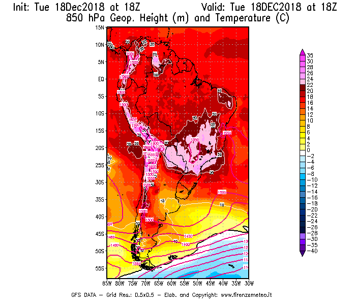 Mappa di analisi GFS - Geopotenziale [m] e Temperatura [°C] a 850 hPa in Sud-America
							del 18/12/2018 18 <!--googleoff: index-->UTC<!--googleon: index-->