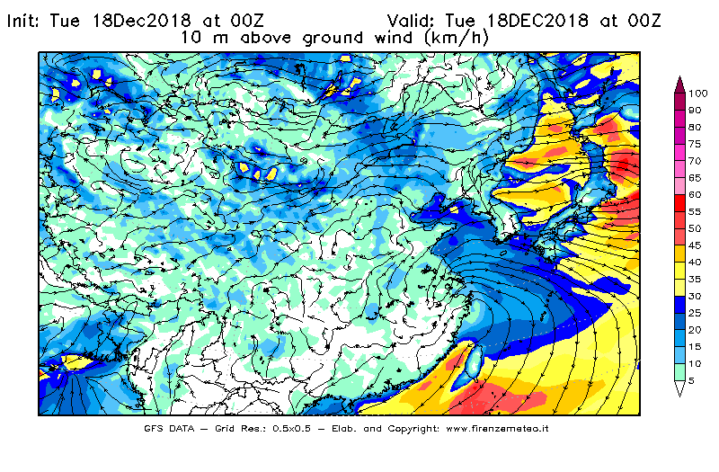 Mappa di analisi GFS - Velocità del vento a 10 metri dal suolo [km/h] in Asia Orientale
							del 18/12/2018 00 <!--googleoff: index-->UTC<!--googleon: index-->