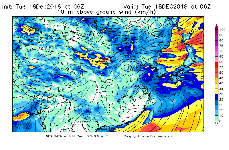 Mappa di analisi GFS - Velocità del vento a 10 metri dal suolo [km/h] in Asia Orientale
							del 18/12/2018 06 <!--googleoff: index-->UTC<!--googleon: index-->