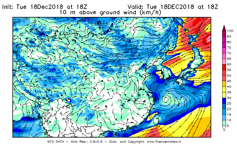 Mappa di analisi GFS - Velocità del vento a 10 metri dal suolo [km/h] in Asia Orientale
							del 18/12/2018 18 <!--googleoff: index-->UTC<!--googleon: index-->