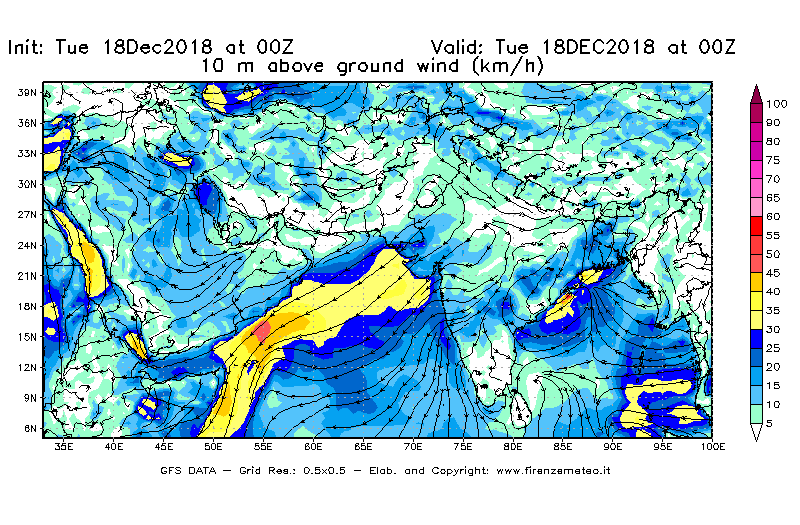 Mappa di analisi GFS - Velocità del vento a 10 metri dal suolo [km/h] in Asia Sud-Occidentale
							del 18/12/2018 00 <!--googleoff: index-->UTC<!--googleon: index-->