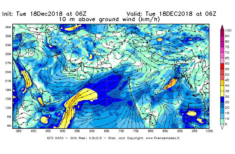 Mappa di analisi GFS - Velocità del vento a 10 metri dal suolo [km/h] in Asia Sud-Occidentale
							del 18/12/2018 06 <!--googleoff: index-->UTC<!--googleon: index-->