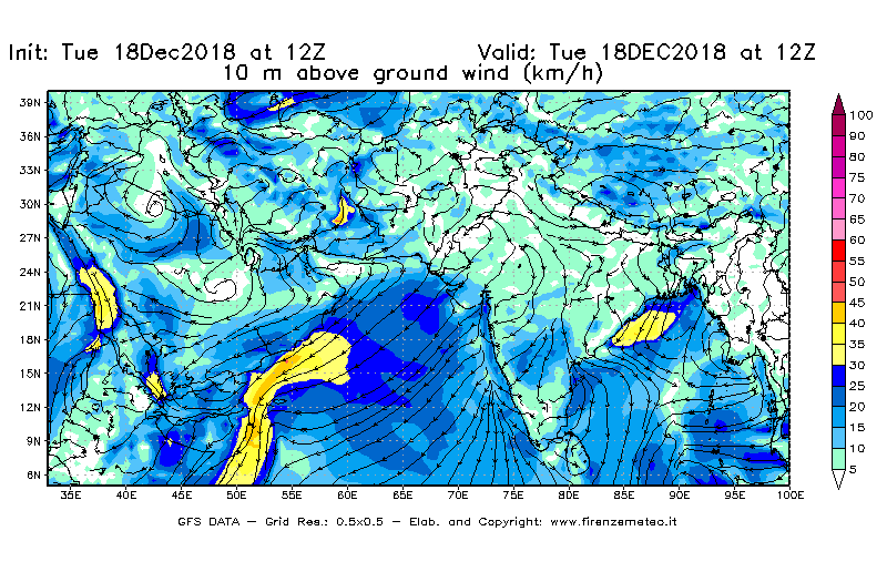 Mappa di analisi GFS - Velocità del vento a 10 metri dal suolo [km/h] in Asia Sud-Occidentale
							del 18/12/2018 12 <!--googleoff: index-->UTC<!--googleon: index-->