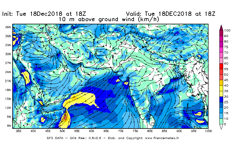 Mappa di analisi GFS - Velocità del vento a 10 metri dal suolo [km/h] in Asia Sud-Occidentale
							del 18/12/2018 18 <!--googleoff: index-->UTC<!--googleon: index-->