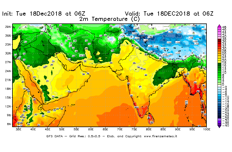 Mappa di analisi GFS - Temperatura a 2 metri dal suolo [°C] in Asia Sud-Occidentale
							del 18/12/2018 06 <!--googleoff: index-->UTC<!--googleon: index-->