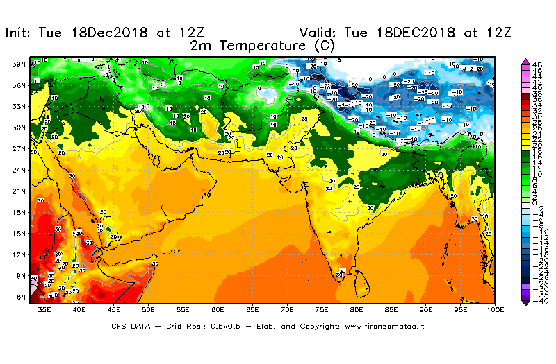 Mappa di analisi GFS - Temperatura a 2 metri dal suolo [°C] in Asia Sud-Occidentale
							del 18/12/2018 12 <!--googleoff: index-->UTC<!--googleon: index-->