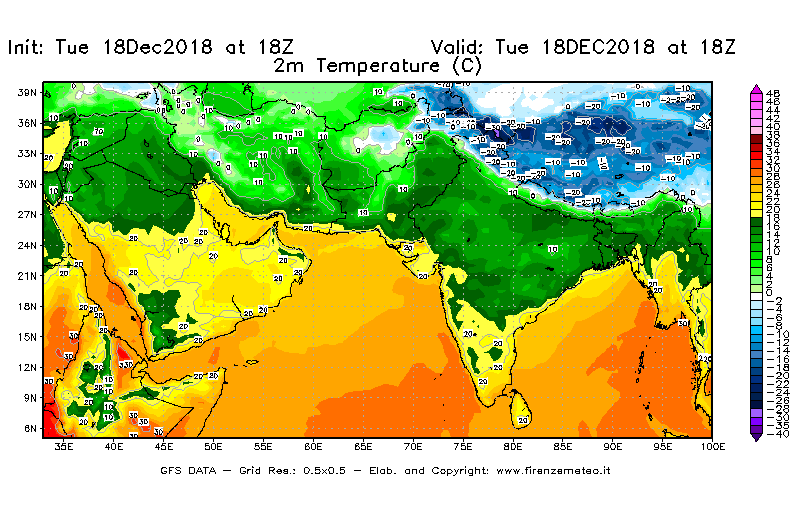 Mappa di analisi GFS - Temperatura a 2 metri dal suolo [°C] in Asia Sud-Occidentale
							del 18/12/2018 18 <!--googleoff: index-->UTC<!--googleon: index-->