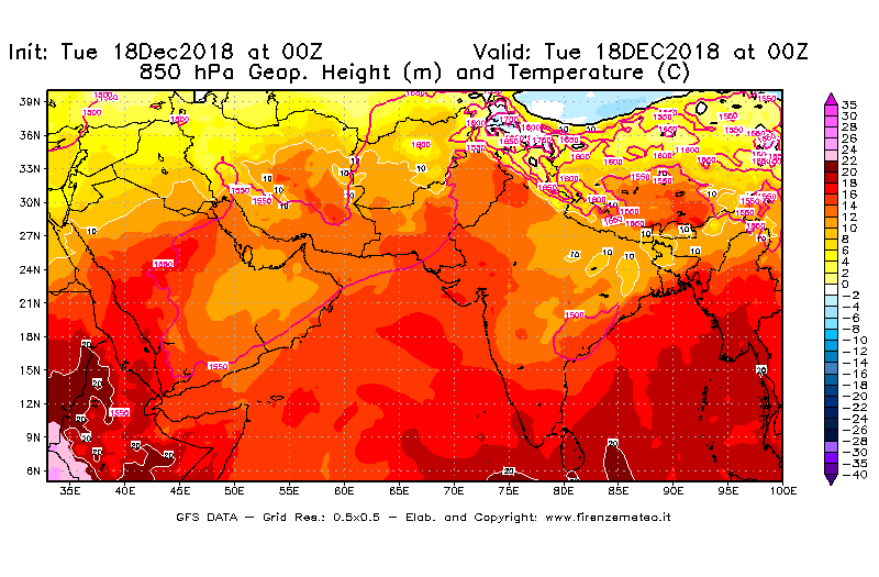 Mappa di analisi GFS - Geopotenziale [m] e Temperatura [°C] a 850 hPa in Asia Sud-Occidentale
							del 18/12/2018 00 <!--googleoff: index-->UTC<!--googleon: index-->