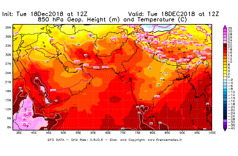 Mappa di analisi GFS - Geopotenziale [m] e Temperatura [°C] a 850 hPa in Asia Sud-Occidentale
							del 18/12/2018 12 <!--googleoff: index-->UTC<!--googleon: index-->